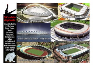 SA’s white
elephants:
new stadiums
  in Durban,
 Cape Town,
      Port
   Elizabeth,
   Nelspruit,
  Polokwane
       plus
 refurbished
Soccer City –
but none able
 to fill stands
  after 2010
 