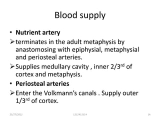 Blood supply
• Nutrient artery
terminates in the adult metaphysis by
  anastomosing with epiphysial, metaphysial
  and periosteal arteries.
Supplies medullary cavity , inner 2/3rd of
  cortex and metaphysis.
• Periosteal arteries
Enter the Volkmann’s canals . Supply outer
  1/3rd of cortex.
25/27/2012           1212413114               14
 