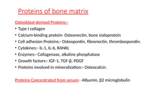 Proteins of bone matrix
Osteoblast-derived Proteins:-
• Type I collagen
• Calcium-binding protein- Osteonectin, bone sialoprotein
• Cell adhesion Proteins:- Osteopontin, fibronectin, thrombospondin.
• Cytokines:- IL-1, IL-6, RANKL
• Enzymes:- Collagenase, alkaline phosphatase
• Growth factors:- IGF-1, TGF-β, PDGF
• Proteins involved in mineralization:- Osteocalcin.
Proteins Concentrated from serum:- Albumin, β2 microglobulin
 