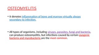 OSTEOMYELITIS
• It denotes inflammation of bone and marrow virtually always
secondary to infection.
• All types of organisms, including viruses, parasites, fungi and bacteria,
can produce osteomyelitis, but infections caused by certain pyogenic
bacteria and mycobacteria are the most common.
 