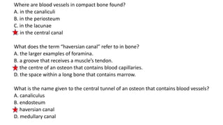 Where are blood vessels in compact bone found?
A. in the canaliculi
B. in the periosteum
C. in the lacunae
D. in the central canal
What does the term “haversian canal” refer to in bone?
A. the larger examples of foramina.
B. a groove that receives a muscle’s tendon.
C. the centre of an osteon that contains blood capillaries.
D. the space within a long bone that contains marrow.
What is the name given to the central tunnel of an osteon that contains blood vessels?
A. canaliculus
B. endosteum
C. haversian canal
D. medullary canal
 
