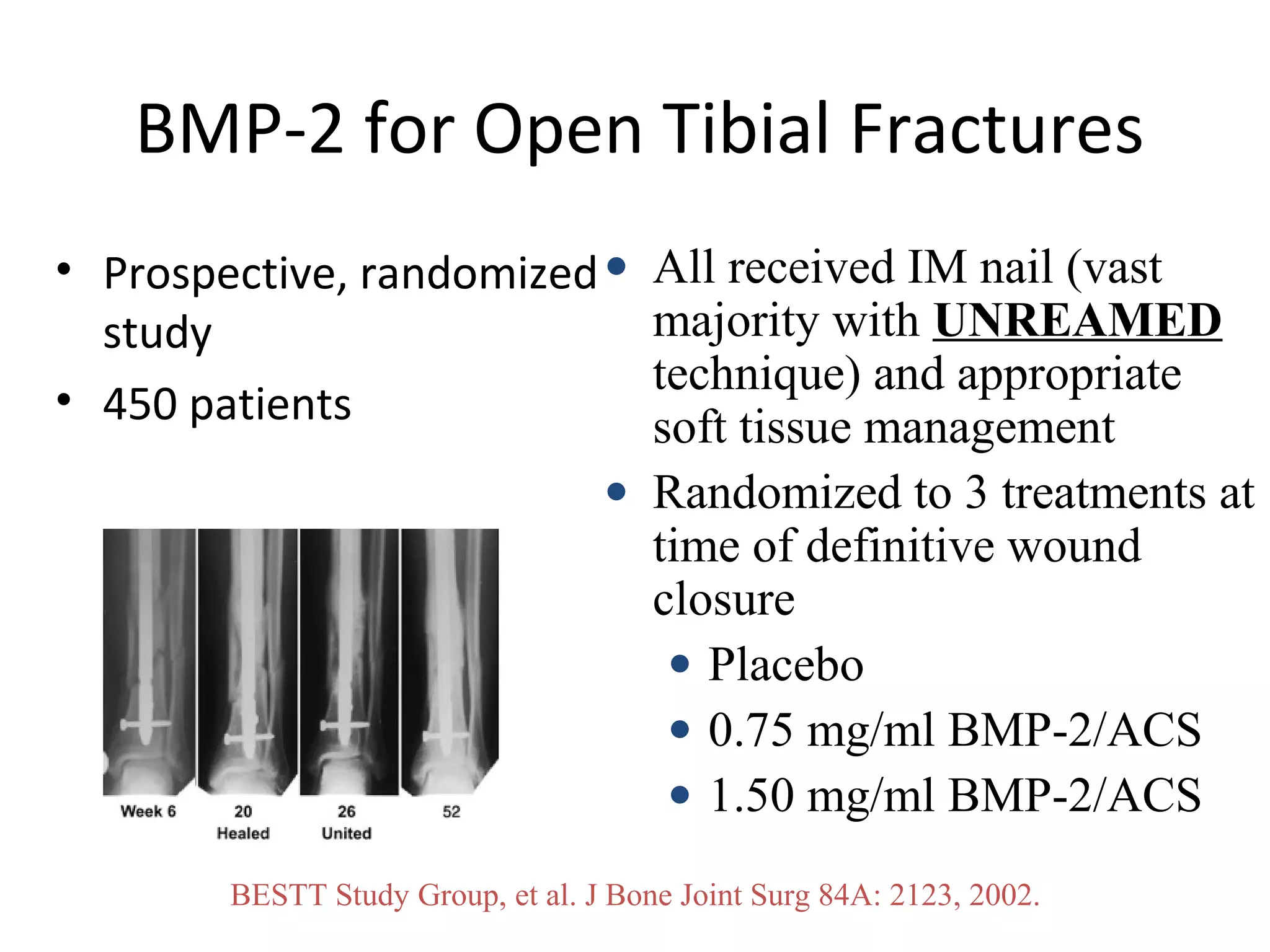 BMP-2 for Open Tibial Fractures 
• Prospective, randomized 
study 
• 450 patients 
· All received IM nail (vast 
majority with UNREAMED 
technique) and appropriate 
soft tissue management 
· Randomized to 3 treatments at 
time of definitive wound 
closure 
· Placebo 
· 0.75 mg/ml BMP-2/ACS 
· 1.50 mg/ml BMP-2/ACS 
BESTT Study Group, et al. J Bone Joint Surg 84A: 2123, 2002. 
 
