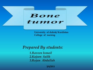Bone tumor University  of duhok/ Kurdistan  College  of  nursing  Prepared By students: 1.Raveen Ismail 2.Kajeen  Salih 3.Rojan  Abdullah 3/4/2011 