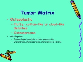 Tumor Matrix
• Osteoblastic
– Fluffy, cotton-like or cloud-like
densities
– Osteosarcoma
• Cartilaginous
– Comma-shaped, punctate, annular, popcorn-like
– Enchondroma, chondrosarcoma, chondromyxoid fibroma
 