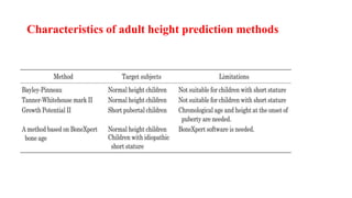 Characteristics of adult height prediction methods
 