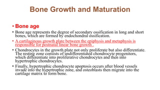 Bone Growth and Maturation
• Bone age
• Bone age represents the degree of secondary ossification in long and short
bones, which are formed by endochondral ossification.
• A cartilaginous growth plate between the epiphysis and metaphysis is
responsible for postnatal linear bone growth .
• Chondrocytes in the growth plate not only proliferate but also differentiate.
The resting zone consists of undifferentiated chondrocyte progenitors,
which differentiate into proliferative chondrocytes and then into
hypertrophic chondrocytes.
• Finally, hypertrophic chondrocyte apoptosis occurs after blood vessels
invade into the hypertrophic zone, and osteoblasts then migrate into the
cartilage matrix to form bone.
 