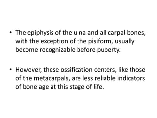 • The epiphysis of the ulna and all carpal bones, 
with the exception of the pisiform, usually 
become recognizable before puberty. 
• However, these ossification centers, like those 
of the metacarpals, are less reliable indicators 
of bone age at this stage of life. 
 