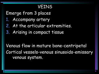 VEINS
Emerge from 3 places
1. Accompany artery
2. At the articular extremities.
3. Arising in compact tissue
Venous flow in mature bone-centripetal
Cortical vessels-venous sinusoids-emissary
venous system.
 