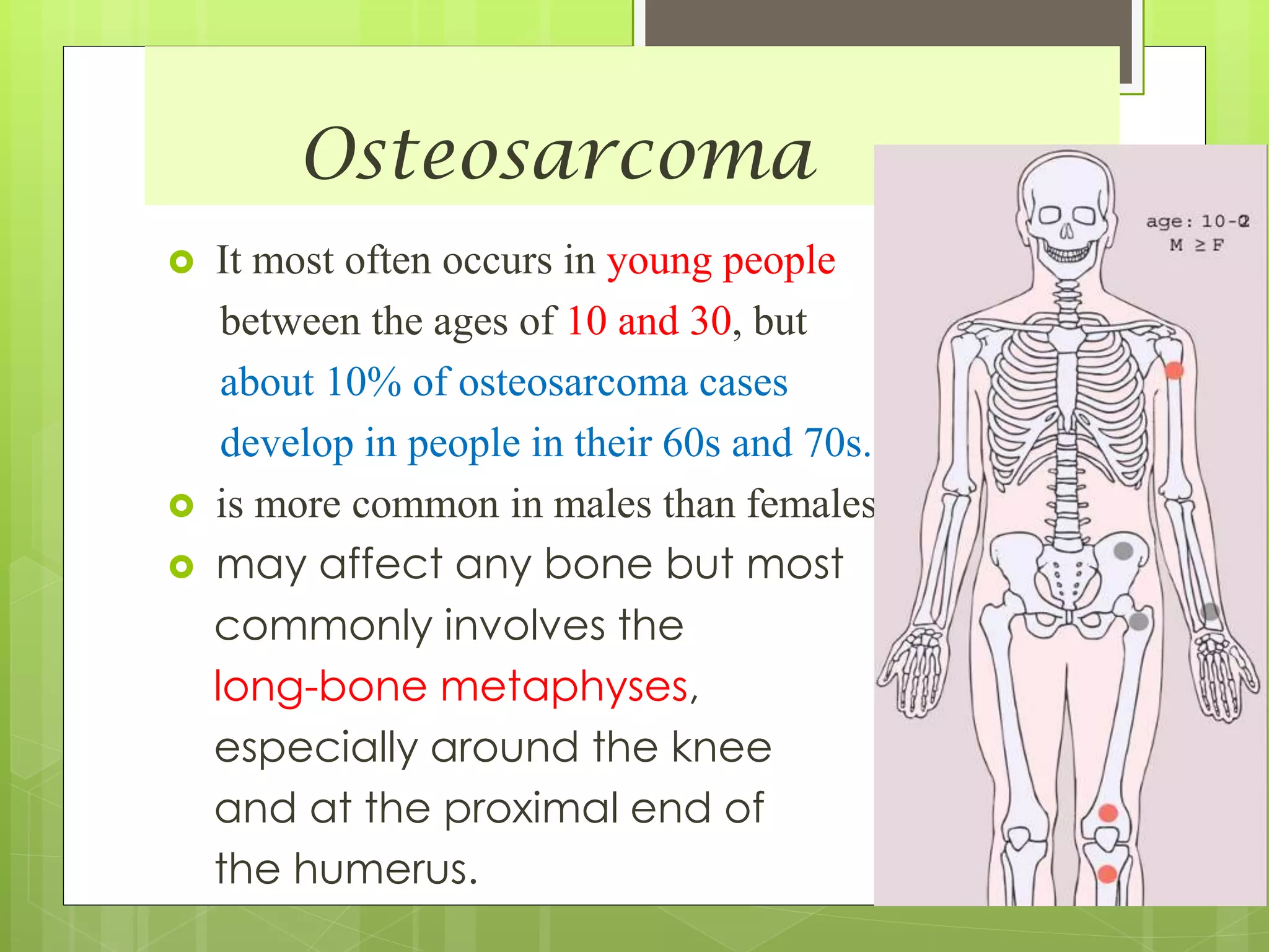 Osteosarcoma
 It most often occurs in young people
between the ages of 10 and 30, but
about 10% of osteosarcoma cases
develop in people in their 60s and 70s.
 is more common in males than females.
 may affect any bone but most
commonly involves the
long-bone metaphyses,
especially around the knee
and at the proximal end of
the humerus.
 
