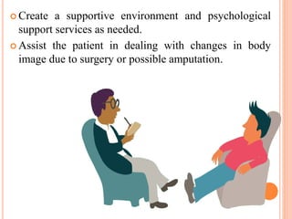  Create a supportive environment and psychological
support services as needed.
 Assist the patient in dealing with changes in body
image due to surgery or possible amputation.
 
