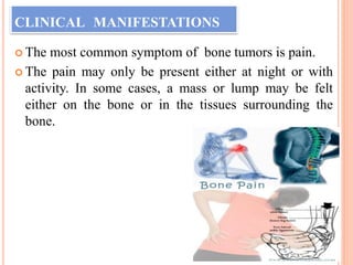 CLINICAL MANIFESTATIONS
 The most common symptom of bone tumors is pain.
 The pain may only be present either at night or with
activity. In some cases, a mass or lump may be felt
either on the bone or in the tissues surrounding the
bone.
 