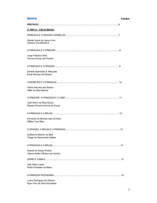 PÁGINA

PREFÁCIO ....................................................................................................................................6

2º ANO A – CICLO INICIAL

PRINCESA E O DRAGÃO VERMELHO ...................................................................................... 7

Gabriel Jeová de Jesus Lima
Gustavo Vaz Medeiros


A PRINCESA E O PRÍNCIPE .........................................................................................................8

Jorge Feliciano Neto
Vinícius Souza dos Passos


A PRINCESA E O DRAGÃO ......................................................................................................... 9

Daniela Aparecida A. Mesquita
Kauã Antunes de Oliveira


O MONSTRO E A PRINCESA....................................................................................................... 10

Vitória Antunes dos Santos
Willis da Silva Martins


O PRÍNCIPE, A PRINCESA E O LOBO ........................................................................................ 11

José Arthur da Silva Souza
Rayssa Ferreira Gomes de Souza


A PRINCESA E A BRUXA ............................................................................................................. 12

Fernando de Moraes Leite da Silva
Willian Lima Silva


O DRAGÃO, A BRUXA E A PRINCESA.......................................................................................... 13

Guilherme Martins da Silva
Thiago do Nascimento Matias


A PRINCESA E A BRUXA ............................................................................................................... 14

Gabriel de Araújo Pereira
Juliana Ketlen Oliveira dos Santos

SIDNEI E CAMILA .............................................................................................................................15

Julia Alves Lopes
Pedro Praxedes de Meira


A PRINCESA PEQUENINA ...............................................................................................................16

Luana Rodrigues de Oliveira
Ryan Vitor da Silva Gonçalves

                                                                                                                                                      2
 
