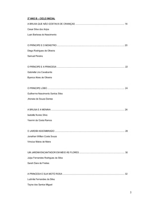 2º ANO B – CICLO INICIAL

A BRUXA QUE NÃO GOSTAVA DE CRIANÇAS ................................................................................ 18

Cesar Silva dos Anjos

Luan Barbosa do Nascimento



O PRÍNCIPE E O MONSTRO .............................................................................................................. 20

Diego Rodrigues de Oliveira

Samuel Pereira



O PRÍNCIPE E A PRINCESA ............................................................................................................... 22

Gabriella Lira Cavalcante

Byanca Alves de Oliveira



O PRINCIPE LOBO .............................................................................................................................. 24

Guilherme Nascimento Santos Silva

Jhonata de Souza Dantas



A BRUXA E A MENINA ........................................................................................................................ 26

Isabella Nunes Silva

Yasmin da Costa Ramos



O JARDIM ASSOMBRADO .................................................................................................................. 28

Jonathan Willian Costa Souza

Vinicius Matos de Meira



UM JARDIM ENCANTADOR EM MEIO ÀS FLORES .......................................................................... 30

Julya Fernandes Rodrigues da Silva

Sarah Dara de Freitas



A PRINCESA E SUA MOTO ROSA ..................................................................................................... 32

Ludmila Fernandes da Silva

Tayna dos Santos Miguel


                                                                                                                                                    3
 