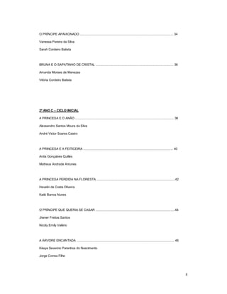 O PRÍNCIPE APAIXONADO ........................................................................................................... 34

Vanessa Pereira da Silva

Sarah Cordeiro Batista



BRUNA E O SAPATINHO DE CRISTAL ......................................................................................... 36

Amanda Moraes de Menezes

Vitória Cordeiro Batista




2º ANO C – CICLO INICIAL

A PRINCESA E O ANÃO ................................................................................................................. 38

Alexsandro Santos Moura da Silva

André Victor Soares Castro



A PRINCESA E A FEITICEIRA ....................................................................................................... 40

Anita Gonçalves Quilles

Matheus Andrade Antunes



A PRINCESA PERDIDA NA FLORESTA ..........................................................................................42

Hevelin da Costa Oliveira

Kaiki Barros Nunes



O PRÍNCIPE QUE QUERIA SE CASAR ...........................................................................................44

Jhener Freitas Santos

Nicoly Emily Valério



A ÁRVORE ENCANTADA ................................................................................................................ 46

Késya Severino Paranhos do Nascimento

Jorge Correa Filho




                                                                                                                                           4
 