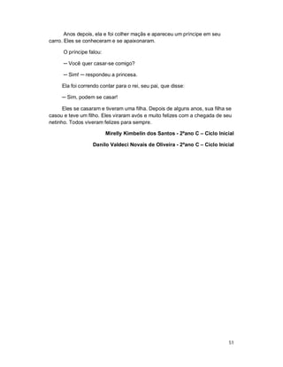 Anos depois, ela e foi colher maçãs e apareceu um príncipe em seu
carro. Eles se conheceram e se apaixonaram.

      O príncipe falou:

      ─ Você quer casar-se comigo?

      ─ Sim! ─ respondeu a princesa.

     Ela foi correndo contar para o rei, seu pai, que disse:

     ─ Sim, podem se casar!

      Eles se casaram e tiveram uma filha. Depois de alguns anos, sua filha se
casou e teve um filho. Eles viraram avós e muito felizes com a chegada de seu
netinho. Todos viveram felizes para sempre.

                          Mirelly Kimbelin dos Santos - 2ºano C – Ciclo Inicial

                   Danilo Valdeci Novais de Oliveira - 2ºano C – Ciclo Inicial




                                                                            51
 