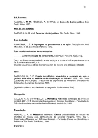 26




Até 3 autores:

PASSOS, L. M. M.; FONSECA, A.; CHAVES, M. Curso de direito jurídico. São
Paulo: Atlas, 1995.

Mais de três autores:

PASSOS, L. M. M. et al. Curso de direito jurídico. São Paulo: Atlas, 1995.


Com tradução:

HAYAKAWA, I. S. A linguagem no pensamento e na ação. Tradução de José
Theodoro. 3. ed. São Paulo: Pioneira, 1972.

Com repetição de autor na obra seguinte:

______. A movimentação do pensamento. São Paulo: Pioneira, 1999, 35 p.

(traço sublinear correspondendo a seis espaços e ponto) - Indica que é outra obra
de autoria de Hayakawa, I. S.
Quando houver duas obras do mesmo autor, do mesmo ano: (2002a) e (2002b)


Tese:

BARCELOS, M. F. P. Ensaio tecnológico, bioquímico e sensorial de soja e
guandu enlatados no estádio verde e maturação da colheita. 1998. 160 f. Tese
(Doutorado em Nutrição) – Faculdade de Engenharia de Alimentos, Universidade
Estadual de Campinas, Campinas, 1999.

(a primeira data é o ano da defesa e a segunda, do documento final)


Monografia:

VALLE, C. H. A.; SPIRONELLI, F. C. Marketing: habilidade estratégica da profissão
contábil. 2001. 91 f. Monografia (Graduação em Ciências Contábeis) – Faculdade de
Ciências Contábeis e Atuariais da Alta Noroeste, Araçatuba, 2001.


Dissertação:

ARAÚJO, U. A. M. Mascarias inteiriças Tukúna: possibilidades de estudo de
artefatos de museu para conhecimento do universo indígena. 1985. 102 f.
Dissertação (Mestrado em Ciências Sociais) – Fundação Escola de Sociologia e
Política de São Paulo, São Paulo, 1986.

Dicionário:
 