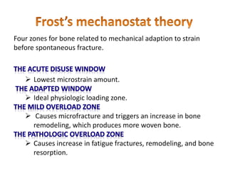 Four zones for bone related to mechanical adaption to strain
before spontaneous fracture.
 Lowest microstrain amount.
 Ideal physiologic loading zone.
 Causes microfracture and triggers an increase in bone
remodeling, which produces more woven bone.
 Causes increase in fatigue fractures, remodeling, and bone
resorption.
 
