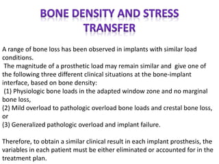 A range of bone loss has been observed in implants with similar load
conditions.
The magnitude of a prosthetic load may remain similar and give one of
the following three different clinical situations at the bone-implant
interface, based on bone density:
(1) Physiologic bone loads in the adapted window zone and no marginal
bone loss,
(2) Mild overload to pathologic overload bone loads and crestal bone loss,
or
(3) Generalized pathologic overload and implant failure.
Therefore, to obtain a similar clinical result in each implant prosthesis, the
variables in each patient must be either eliminated or accounted for in the
treatment plan.
 
