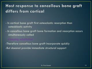 - In cortical bone graft first osteoclastic resorption than
osteoblastic activity
- In cancellous bone graft bone formation and resorption occurs
simultaneously called
creeping substitution
-Therefore cancellous bone graft incorporate quickly
-But doesnot provide immediate structural support
Dr. Firas Kassab 19
 