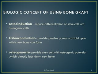 • osteoinduction – induce differentiation of stem cell into
osteogenic cells
• Osteoconduction- provide passive porous scaffold upon
which new bone can form
• osteogenesis- provide stem cell with osteogenic potential
,which directly lays down new bone
Dr. Firas Kassab 6
 