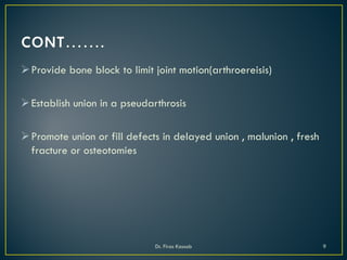 Provide bone block to limit joint motion(arthroereisis)
Establish union in a pseudarthrosis
Promote union or fill defects in delayed union , malunion , fresh
fracture or osteotomies
Dr. Firas Kassab 9
 