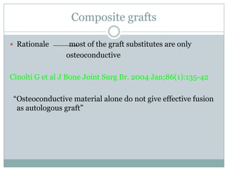 Composite grafts
 Rationale most of the graft substitutes are only
osteoconductive
Cinolti G et al J Bone Joint Surg Br. 2004 Jan;86(1):135-42
“Osteoconductive material alone do not give effective fusion
as autologous graft”
 