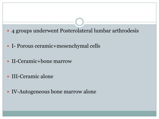  4 groups underwent Posterolateral lumbar arthrodesis
 I- Porous ceramic+mesenchymal cells
 II-Ceramic+bone marrow
 III-Ceramic alone
 IV-Autogeneous bone marrow alone
 