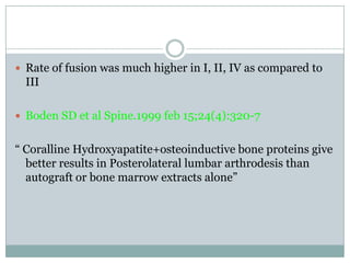  Rate of fusion was much higher in I, II, IV as compared to
III
 Boden SD et al Spine.1999 feb 15;24(4):320-7
“ Coralline Hydroxyapatite+osteoinductive bone proteins give
better results in Posterolateral lumbar arthrodesis than
autograft or bone marrow extracts alone”
 
