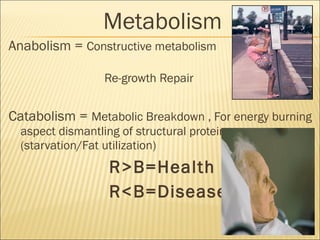 Metabolism
Anabolism = Constructive metabolism
Re-growth Repair
Catabolism = Metabolic Breakdown , For energy burning
aspect dismantling of structural proteins
(starvation/Fat utilization)
R>B=Health
R<B=Disease
 