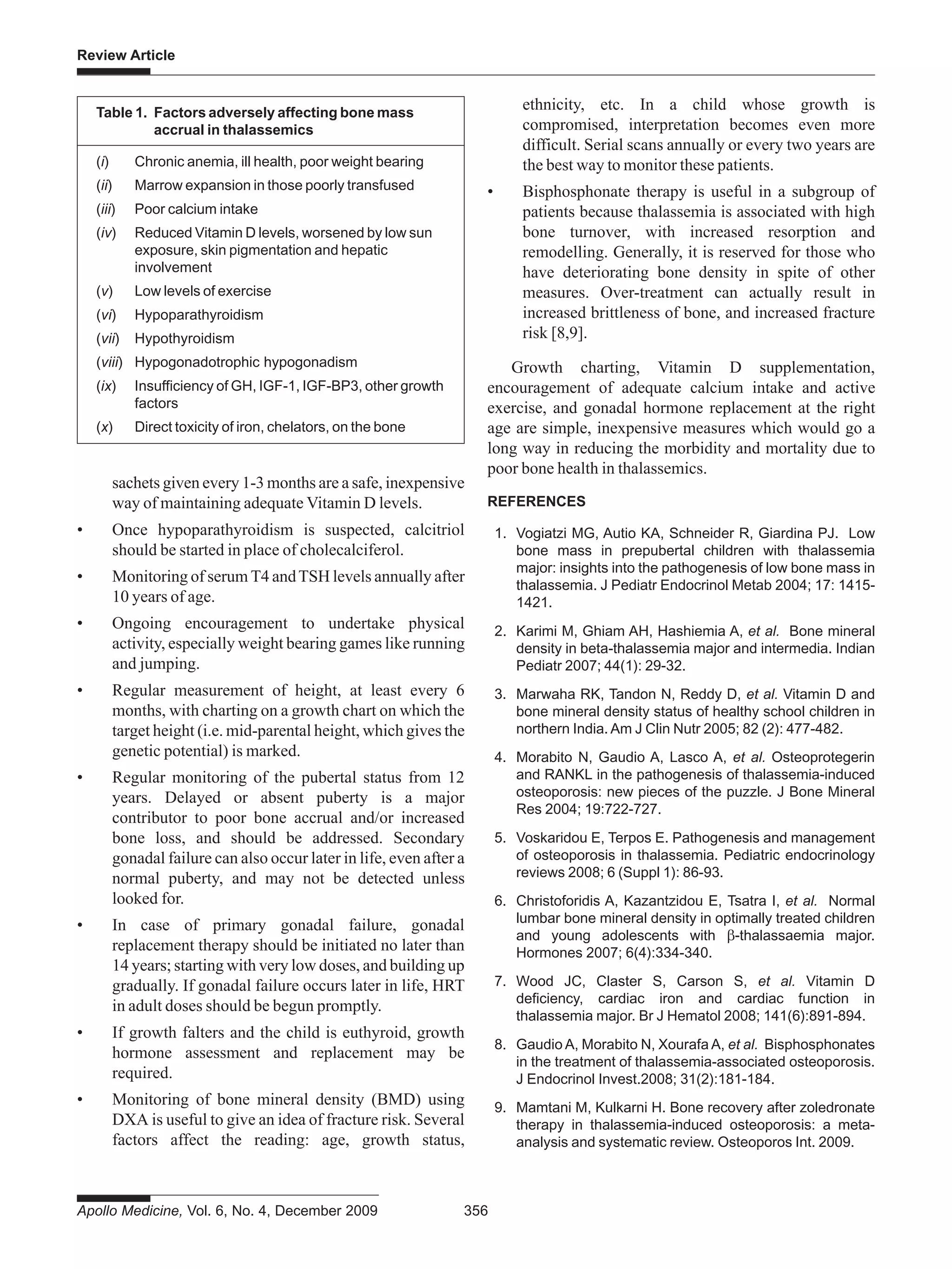 Apollo Medicine, Vol. 6, No. 4, December 2009 356
Review Article
ethnicity, etc. In a child whose growth is
compromised, interpretation becomes even more
difficult. Serial scans annually or every two years are
the best way to monitor these patients.
• Bisphosphonate therapy is useful in a subgroup of
patients because thalassemia is associated with high
bone turnover, with increased resorption and
remodelling. Generally, it is reserved for those who
have deteriorating bone density in spite of other
measures. Over-treatment can actually result in
increased brittleness of bone, and increased fracture
risk [8,9].
Growth charting, Vitamin D supplementation,
encouragement of adequate calcium intake and active
exercise, and gonadal hormone replacement at the right
age are simple, inexpensive measures which would go a
long way in reducing the morbidity and mortality due to
poor bone health in thalassemics.
REFERENCES
1. Vogiatzi MG, Autio KA, Schneider R, Giardina PJ. Low
bone mass in prepubertal children with thalassemia
major: insights into the pathogenesis of low bone mass in
thalassemia. J Pediatr Endocrinol Metab 2004; 17: 1415-
1421.
2. Karimi M, Ghiam AH, Hashiemia A, et al. Bone mineral
density in beta-thalassemia major and intermedia. Indian
Pediatr 2007; 44(1): 29-32.
3. Marwaha RK, Tandon N, Reddy D, et al. Vitamin D and
bone mineral density status of healthy school children in
northern India. Am J Clin Nutr 2005; 82 (2): 477-482.
4. Morabito N, Gaudio A, Lasco A, et al. Osteoprotegerin
and RANKL in the pathogenesis of thalassemia-induced
osteoporosis: new pieces of the puzzle. J Bone Mineral
Res 2004; 19:722-727.
5. Voskaridou E, Terpos E. Pathogenesis and management
of osteoporosis in thalassemia. Pediatric endocrinology
reviews 2008; 6 (Suppl 1): 86-93.
6. Christoforidis A, Kazantzidou E, Tsatra I, et al. Normal
lumbar bone mineral density in optimally treated children
and young adolescents with -thalassaemia major.
Hormones 2007; 6(4):334-340.
7. Wood JC, Claster S, Carson S, et al. Vitamin D
deficiency, cardiac iron and cardiac function in
thalassemia major. Br J Hematol 2008; 141(6):891-894.
8. Gaudio A, Morabito N, Xourafa A, et al. Bisphosphonates
in the treatment of thalassemia-associated osteoporosis.
J Endocrinol Invest.2008; 31(2):181-184.
9. Mamtani M, Kulkarni H. Bone recovery after zoledronate
therapy in thalassemia-induced osteoporosis: a meta-
analysis and systematic review. Osteoporos Int. 2009.
sachets given every 1-3 months are a safe, inexpensive
way of maintaining adequate Vitamin D levels.
• Once hypoparathyroidism is suspected, calcitriol
should be started in place of cholecalciferol.
• Monitoring of serum T4 andTSH levels annually after
10 years of age.
• Ongoing encouragement to undertake physical
activity, especially weight bearing games like running
and jumping.
• Regular measurement of height, at least every 6
months, with charting on a growth chart on which the
target height (i.e. mid-parental height, which gives the
genetic potential) is marked.
• Regular monitoring of the pubertal status from 12
years. Delayed or absent puberty is a major
contributor to poor bone accrual and/or increased
bone loss, and should be addressed. Secondary
gonadal failure can also occur later in life, even after a
normal puberty, and may not be detected unless
looked for.
• In case of primary gonadal failure, gonadal
replacement therapy should be initiated no later than
14 years; starting with very low doses, and building up
gradually. If gonadal failure occurs later in life, HRT
in adult doses should be begun promptly.
• If growth falters and the child is euthyroid, growth
hormone assessment and replacement may be
required.
• Monitoring of bone mineral density (BMD) using
DXA is useful to give an idea of fracture risk. Several
factors affect the reading: age, growth status,
Table 1. Factors adversely affecting bone mass
accrual in thalassemics
(i) Chronic anemia, ill health, poor weight bearing
(ii) Marrow expansion in those poorly transfused
(iii) Poor calcium intake
(iv) Reduced Vitamin D levels, worsened by low sun
exposure, skin pigmentation and hepatic
involvement
(v) Low levels of exercise
(vi) Hypoparathyroidism
(vii) Hypothyroidism
(viii) Hypogonadotrophic hypogonadism
(ix) Insufficiency of GH, IGF-1, IGF-BP3, other growth
factors
(x) Direct toxicity of iron, chelators, on the bone
 