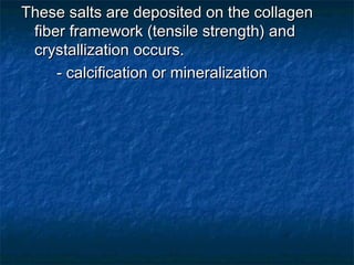 These salts are deposited on the collagenThese salts are deposited on the collagen
fiber framework (tensile strength) andfiber framework (tensile strength) and
crystallization occurs.crystallization occurs.
- calcification or mineralization- calcification or mineralization
 