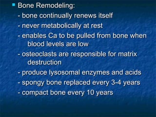  Bone Remodeling:Bone Remodeling:
- bone continually renews itself- bone continually renews itself
- never metabolically at rest- never metabolically at rest
- enables Ca to be pulled from bone when- enables Ca to be pulled from bone when
blood levels are lowblood levels are low
- osteoclasts are responsible for matrix- osteoclasts are responsible for matrix
destructiondestruction
- produce lysosomal enzymes and acids- produce lysosomal enzymes and acids
- spongy bone replaced every 3-4 years- spongy bone replaced every 3-4 years
- compact bone every 10 years- compact bone every 10 years
 