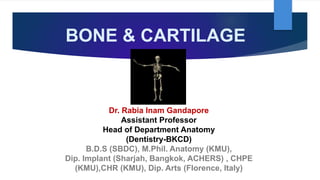 BONE & CARTILAGE
Dr. Rabia Inam Gandapore
Assistant Professor
Head of Department Anatomy
(Dentistry-BKCD)
B.D.S (SBDC), M.Phil. Anatomy (KMU),
Dip. Implant (Sharjah, Bangkok, ACHERS) , CHPE
(KMU),CHR (KMU), Dip. Arts (Florence, Italy)
 