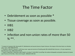The	Time	Factor	
•  Debridement	as	soon	as	possible	*	
•  Tissue	coverage	as	soon	as	possible.	
•  IIIB1	
•  IIIB2	
•  infec*on	and	non-union	rates	of	more	than	50	
%	**.	
*	Crowley	DJ,	Kanakaris	NK,	Giannoudis	PV.	Debridement	and	wound	closure	of	open	fractures:	the	impact	of	the	*me	factor	on	infec*on	
rates.	Injury.	2007;38(8):879–89.	
**	Choudry	U,	Moran	S,	Karacor	Z.	So^-*ssue	cover-	age	and	outcome	of	Gus*lo	grade	IIIB	midsha^	*bia	fractures:	a	15-year	experience.	
Plast	Reconstr	Surg.	2008;122(2):479–85.		
**	Gopal	S,	Majumder	S,	Batchelor	AGB,	Knight	SL,	De	Boer	P,	Smith	RM.	Fix	and	ﬂap:	the	radical	orthopaedic	and	plas*c	treatment	of	severe	
open	fractures	of	the	*bia.	J	Bone	Joint	Surg	Br.	2000;82(7):959–66.		
 
