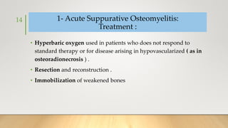 1- Acute Suppurative Osteomyelitis:
Treatment :
• Hyperbaric oxygen used in patients who does not respond to
standard therapy or for disease arising in hypovascularized ( as in
osteoradionecrosis ) .
• Resection and reconstruction .
• Immobilization of weakened bones
14
 