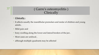 ( Garre's osteomyelitis )
Clinically
• Clinically :
• It affects usually the mandibular premolars and molar of children and young
adults .
• Mild pain and
• bony swelling along the lower and lateral borders of the jaw .
• Most cases are unifocal ,
• although multiple quadrants may be affected
37
 