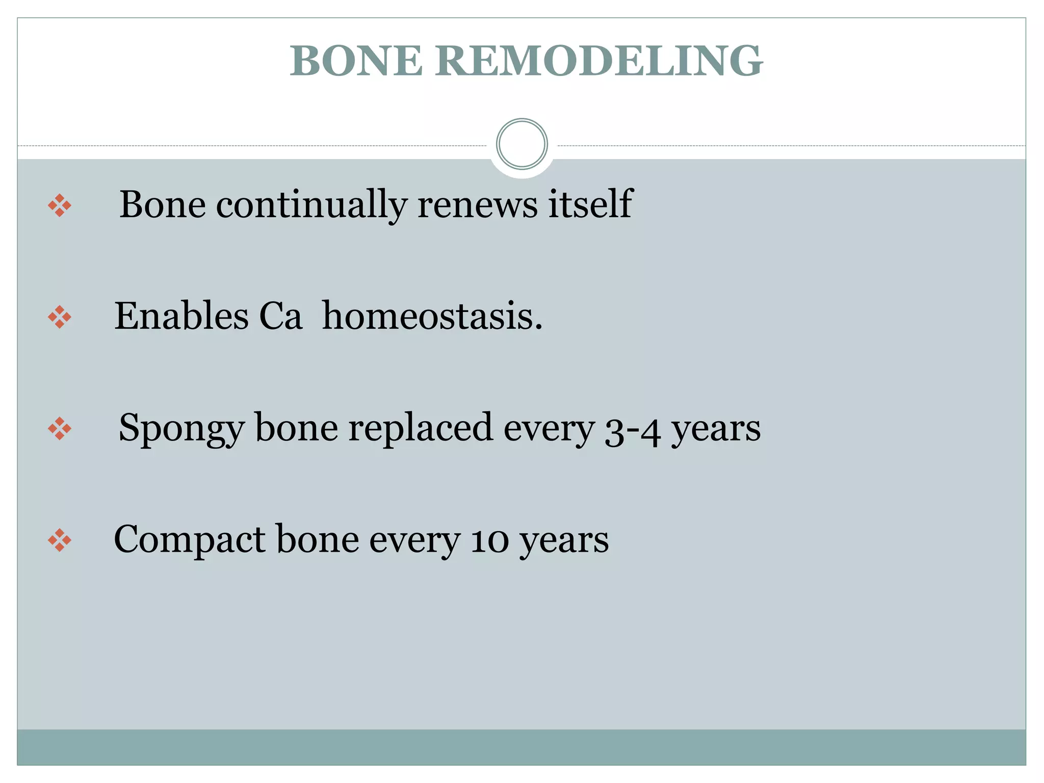 BONE REMODELING
 Bone continually renews itself
 Enables Ca homeostasis.
 Spongy bone replaced every 3-4 years
 Compact bone every 10 years
 