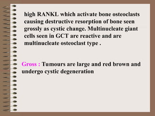 Gross : Tumours are large and red brown and
undergo cystic degeneration
high RANKL which activate bone osteoclasts
causing destructive resorption of bone seen
grossly as cystic change. Multinucleate giant
cells seen in GCT are reactive and are
multinucleate osteoclast type .
 