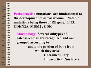 Pathogenesis : mutations are fundamental to
the development of osteosarcoma . Notable
mutations being those of RB gene, TP53.
CDKN2A, MDM2 , CDK4
Morphology: Several subtypes of
osteosarcomas are recognized and are
grouped according to
- anatomic portion of bone from
which they arise
(Intramedullary ,
Intracortical ,Surface )
 