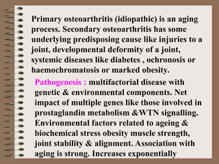 Primary osteoarthritis (idiopathic) is an aging
process. Secondary osteoarthritis has some
underlying predisposing cause like injuries to a
joint, developmental deformity of a joint,
systemic diseases like diabetes , ochronosis or
haemochromatosis or marked obesity.
Pathogenesis : multifactorial disease with
genetic & environmental components. Net
impact of multiple genes like those involved in
prostaglandin metabolism &WTN signalling.
Environmental factors related to ageing &
biochemical stress obesity muscle strength,
joint stability & alignment. Association with
aging is strong. Increases exponentially
 