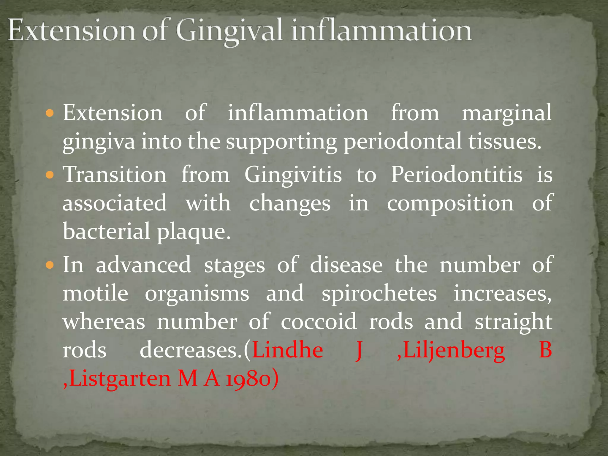  Extension of inflammation from marginal
gingiva into the supporting periodontal tissues.
 Transition from Gingivitis to Periodontitis is
associated with changes in composition of
bacterial plaque.
 In advanced stages of disease the number of
motile organisms and spirochetes increases,
whereas number of coccoid rods and straight
rods decreases.(Lindhe J ,Liljenberg B
,Listgarten M A 1980)
 