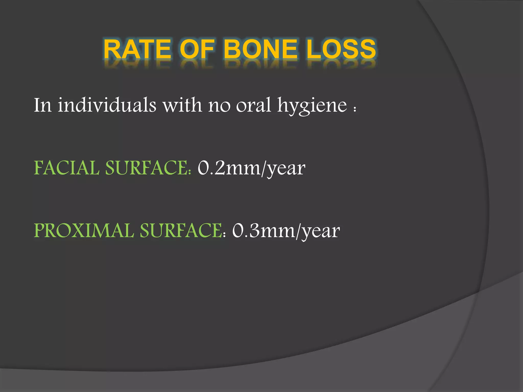 RATE OF BONE LOSS
In individuals with no oral hygiene :
FACIAL SURFACE: 0.2mm/year
PROXIMAL SURFACE: 0.3mm/year
 