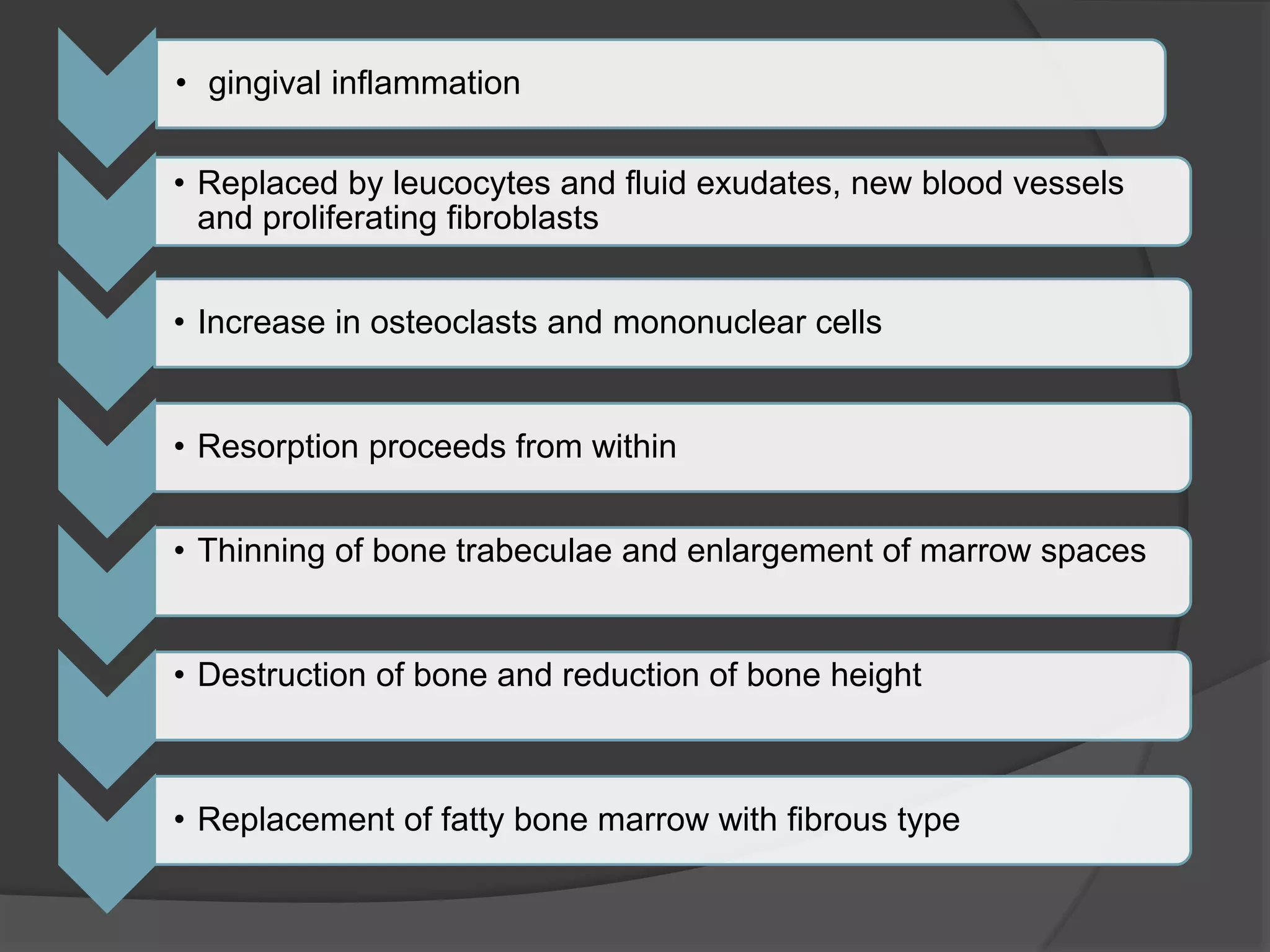 • gingival inflammation
• Replaced by leucocytes and fluid exudates, new blood vessels
and proliferating fibroblasts
• Increase in osteoclasts and mononuclear cells
• Resorption proceeds from within
• Thinning of bone trabeculae and enlargement of marrow spaces
• Destruction of bone and reduction of bone height
• Replacement of fatty bone marrow with fibrous type
 