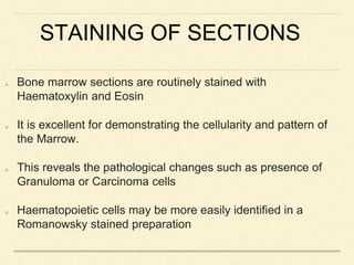 STAINING OF SECTIONS
Bone marrow sections are routinely stained with
Haematoxylin and Eosin
It is excellent for demonstrating the cellularity and pattern of
the Marrow.
This reveals the pathological changes such as presence of
Granuloma or Carcinoma cells
Haematopoietic cells may be more easily identified in a
Romanowsky stained preparation
 