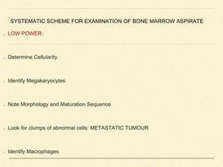 SYSTEMATIC SCHEME FOR EXAMINATION OF BONE MARROW ASPIRATE
LOW POWER:
Determine Cellularity
Identify Megakaryocytes
Note Morphology and Maturation Sequence
Look for clumps of abnormal cells: METASTATIC TUMOUR
Identify Macrophages
 