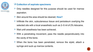  Collection of aspirate specimens
 Only needles designed for this purpose should be used for marrow
aspiration.
 Skin around the area should be cleaned; How?
 Infiltrate the skin, subcutaneous tissue and periosteum overlying the
selected site with a local anaesthetic such as 2–5 ml of 2% lidocaine.
 Wait until anesthesia has been achieved.
 With a penetrating movement, pass the needle perpendicularly into
the cavity of the bone.
 When the bone has been penetrated, remove the stylet, attach a
syringe and suck up marrow contents.
 