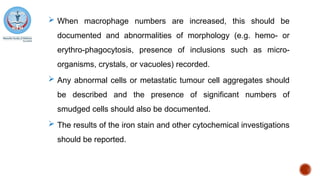  When macrophage numbers are increased, this should be
documented and abnormalities of morphology (e.g. hemo- or
erythro-phagocytosis, presence of inclusions such as micro-
organisms, crystals, or vacuoles) recorded.
 Any abnormal cells or metastatic tumour cell aggregates should
be described and the presence of significant numbers of
smudged cells should also be documented.
 The results of the iron stain and other cytochemical investigations
should be reported.
 