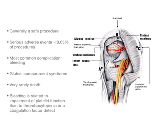 • Generally a safe procedure
• Serious adverse events <0.05%
of procedures
• Most common complication:
bleeding
• Gluteal compartment syndrome
• Very rarely death
• Bleeding is related to
impairment of platelet function
than to thrombocytopenia or a
coagulation factor defect
 