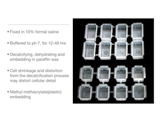 • Fixed in 10% formal saline
• Buffered to ph 7, for 12-48 hrs
• Decalcifying, dehydrating and
embedding in paraffin wax
• Cell shrinkage and distortion
from the decalcification process
may distort cellular detail
• Methyl methacrylate(plastic)
embedding
 