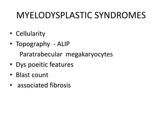 MYELODYSPLASTIC SYNDROMES
• Cellularity
• Topography - ALIP
Paratrabecular megakaryocytes
• Dys poeitic features
• Blast count
• associated fibrosis
 